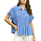 Umgee Shirt Blouse Linen Cotton Ruffle Smocked Azure Blue Short Sleeve Top
