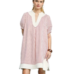 Umgee Short Shift Dress Pink Striped V-Neck White Contrast Casual Short Sleeve