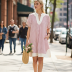 Umgee Short Shift Dress Pink Striped V-Neck White Contrast Casual Short Sleeve