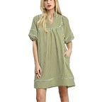 Umgee Striped Shift Mini Dress Cotton V-Neck Puff Sleeve Olive Green Pocketed