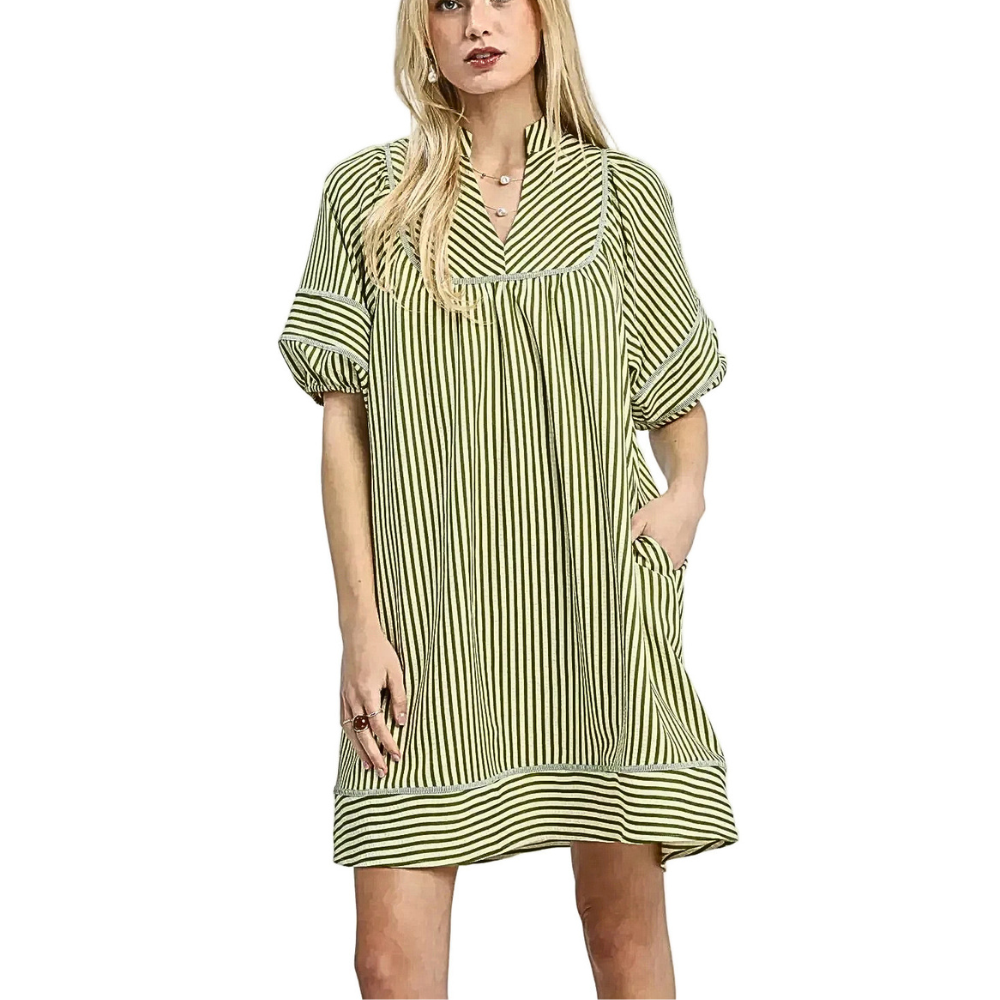 Umgee Striped Shift Mini Dress Cotton V-Neck Puff Sleeve Olive Green Pocketed
