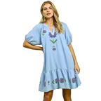 Umgee USA Babydoll Mini Dress Floral Embroidered Light Blue V-neck Ruffled 