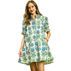 Umgee USA Babydoll Mini Dress V-Neck Blue Floral Puff Sleeve with Side Pockets