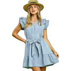 Umgee USA Denim Mini Dress Ruffle V-Neck Belted Tie Short Sleeve Light Blue
