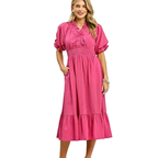 Umgee USA Midi Dress Ruffle Smocked V-Neck High Waist Short Sleeve Pocketed  Pink