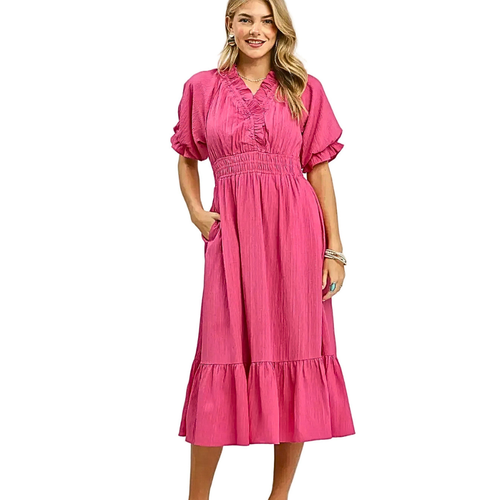Umgee USA Midi Dress Ruffle Smocked V-Neck High Waist Short Sleeve Pocketed  Pink
