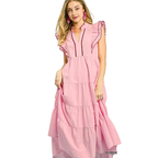Umgee USA Midi Dress Ruffle Textured V-Neck Trim Layered Pink Flutter Sleeve