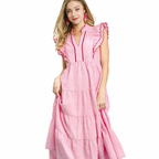 Umgee USA Midi Dress Ruffle Textured V-Neck Trim Layered Pink Flutter Sleeve