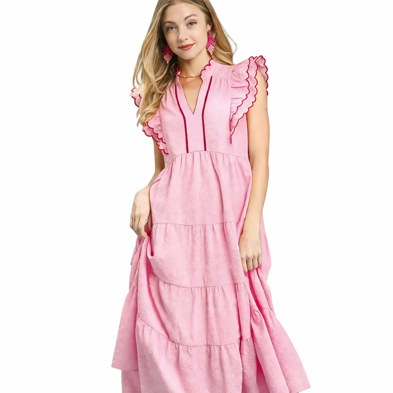 Umgee USA Midi Dress Ruffle Textured V-Neck Trim Layered Pink Flutter Sleeve