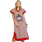 Umgee USA Midi Dress Striped Red Floral Embroidered V-Neck Trim Side Slit Shift