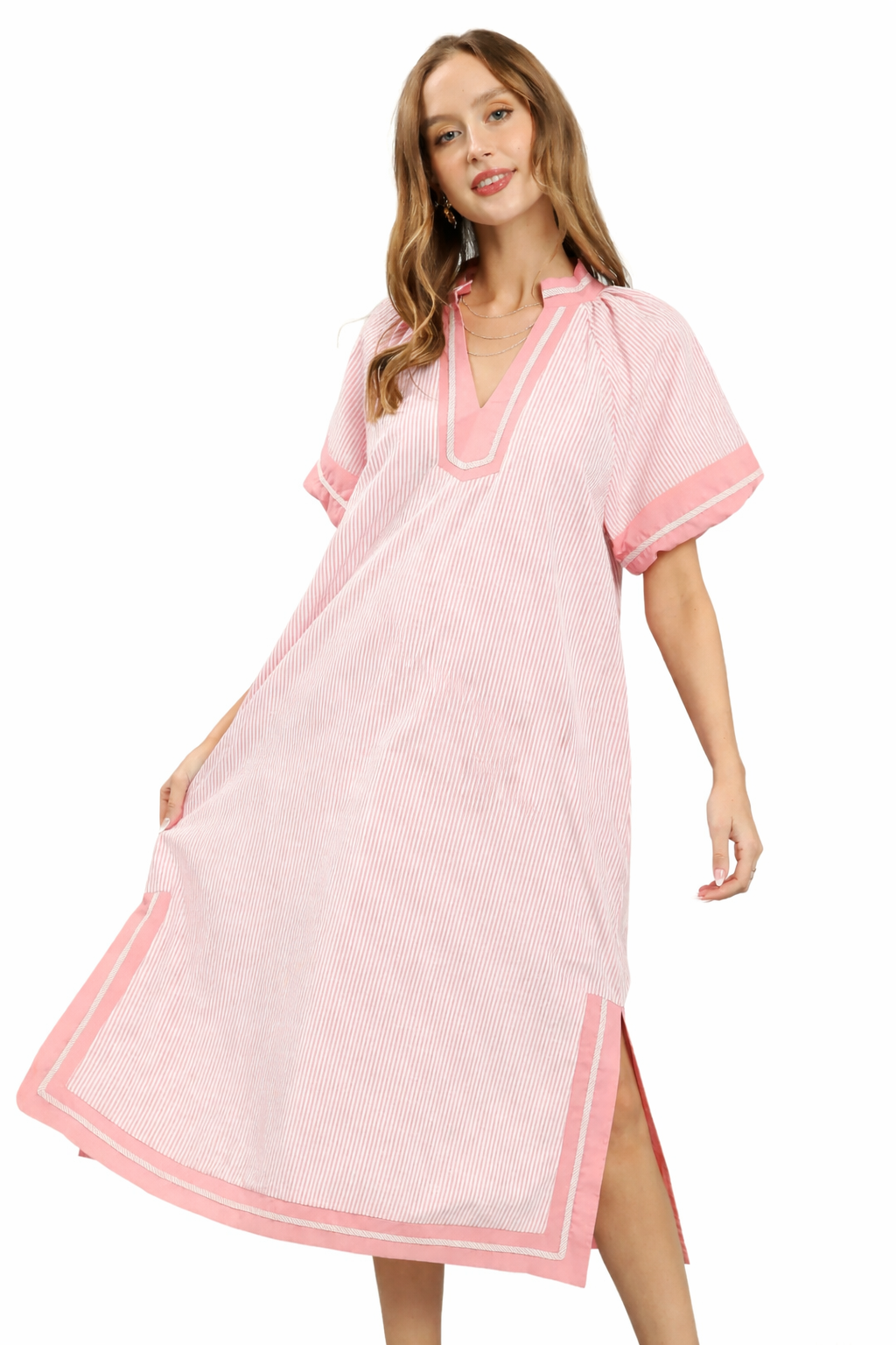 Umgee USA Midi Dress Striped V-Neck Pink Trim Side Slits Short Sleeve Shift