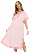 Umgee USA Midi Dress Striped V-Neck Pink Trim Side Slits Short Sleeve Shift