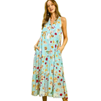 Umgee USA Midi Dress V-Neck Sleeveless Summer Colorful Print Ruffle Pocketed