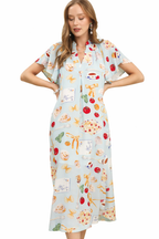 Umgee USA Midikleid V-Ausschnitt Sommer Bunt bedruckt Rüschen Kurze Ärmel Taschen