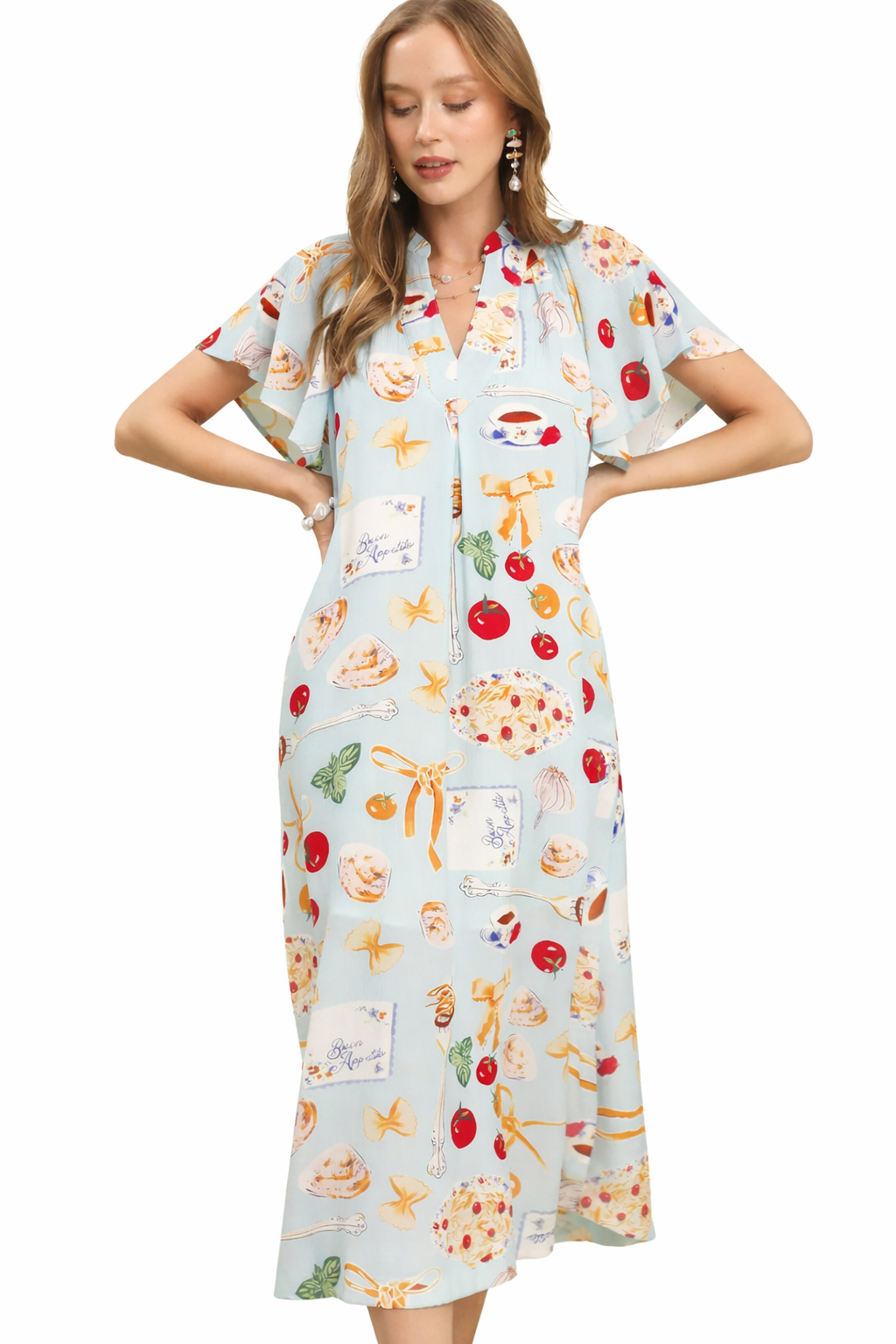 Umgee USA Midi Dress V-Neck Summer Colorful Print Ruffle Short Sleeve Pocketed