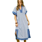 Umgee USA Midi Shift Dress Blue Striped V-neck Trim Side Slits Short Sleeve Casual