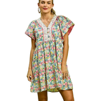 Umgee USA Mini Dress Floral Mix V-Neck Trim Button Ruffled Short Sleeve Casual