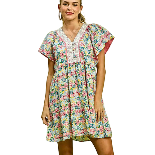 Umgee USA Mini Dress Floral Mix V-Neck Trim Button Ruffled Short Sleeve Casual