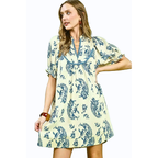 Umgee USA Mini Dress V-Neck Lace Trim Blue Floral Paisley Mix Balloon Short