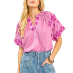 Umgee USA Textured Blouse V-Neck Floral Embroidered Pink Flutter Sleeve Top