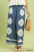 Umgee Wide Leg Pants Denim Blue Floral Print Casual Summer Loose Lightweight