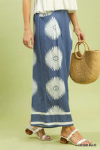 Umgee Wide Leg Pants Denim Blue Floral Print Casual Summer Loose Lightweight