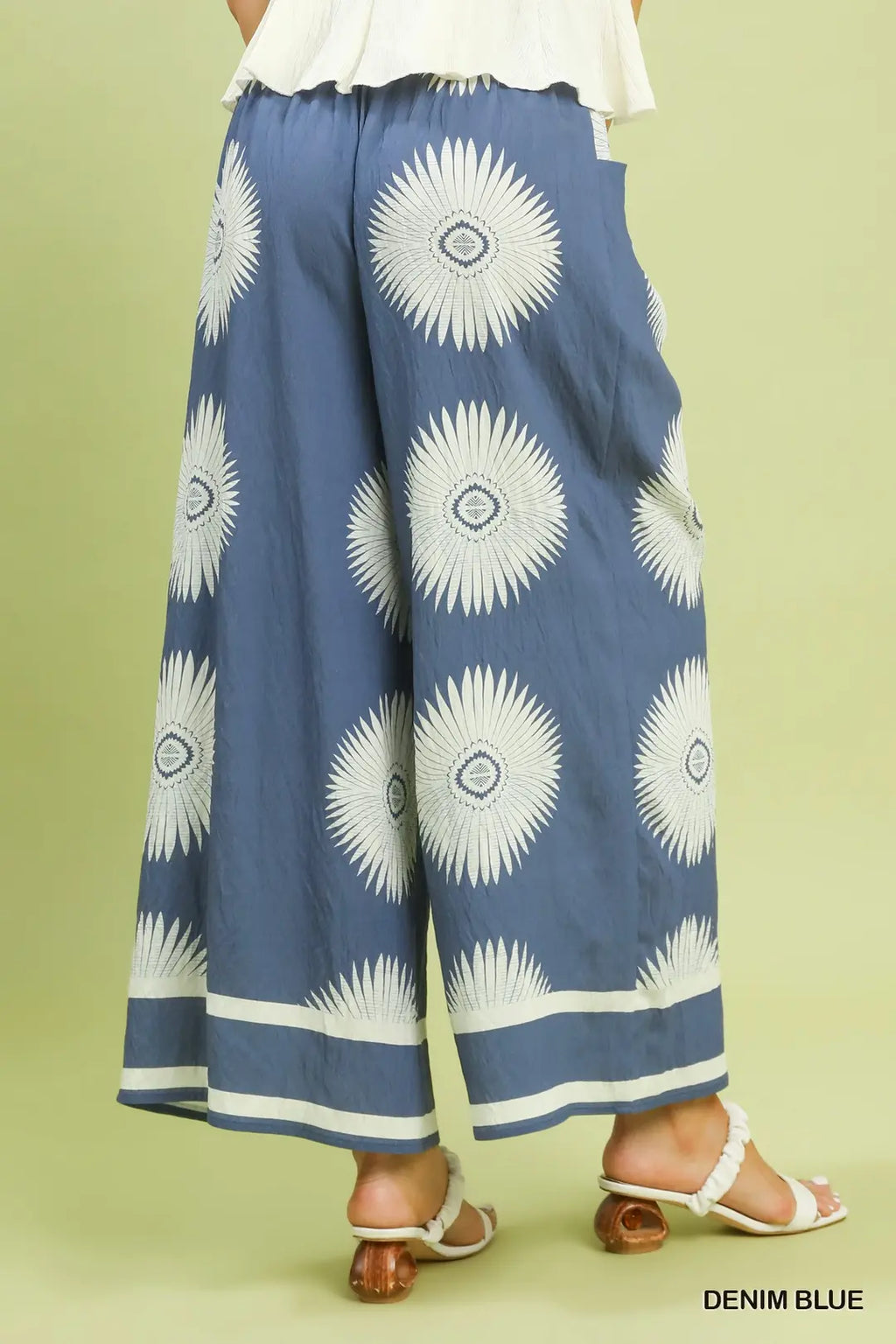 Umgee Wide Leg Pants Denim Blue Floral Print Casual Summer Loose Lightweight