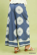 Umgee Wide Leg Pants Denim Blue Floral Print Casual Summer Loose Lightweight