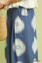 Umgee Wide Leg Pants Denim Blue Floral Print Casual Summer Loose Lightweight