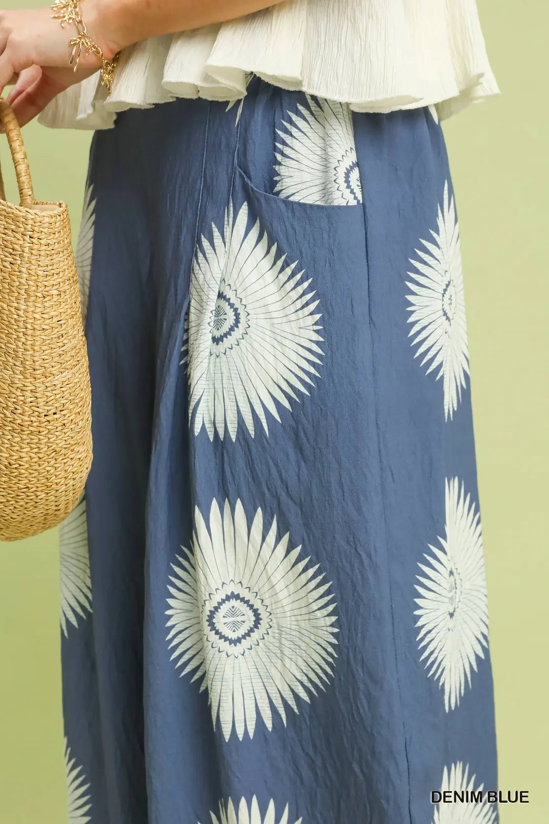Umgee Wide Leg Pants Denim Blue Floral Print Casual Summer Loose Lightweight