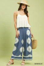 Umgee Wide Leg Pants Denim Blue Floral Print Casual Summer Loose Lightweight