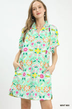 Umgee Floral Shift Mini Dress Casual V-Neck Mint Green with Pockets