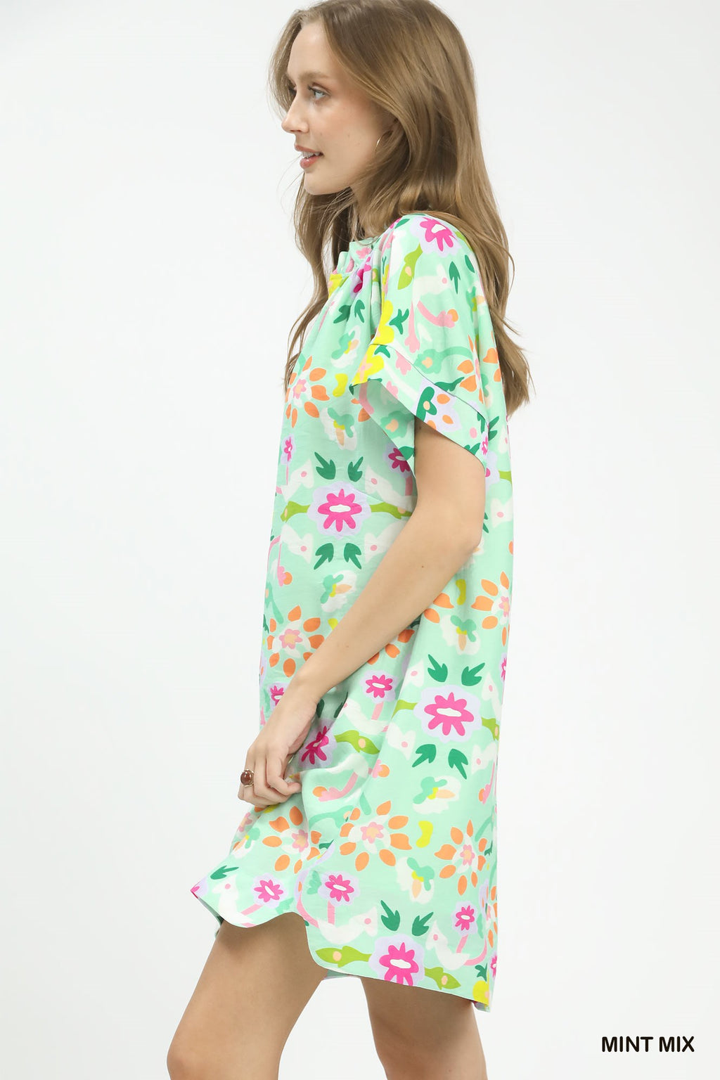 Umgee Floral Shift Mini Dress Casual V-Neck Mint Green with Pockets