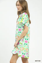 Umgee Floral Shift Mini Dress Casual V-Neck Mint Green with Pockets