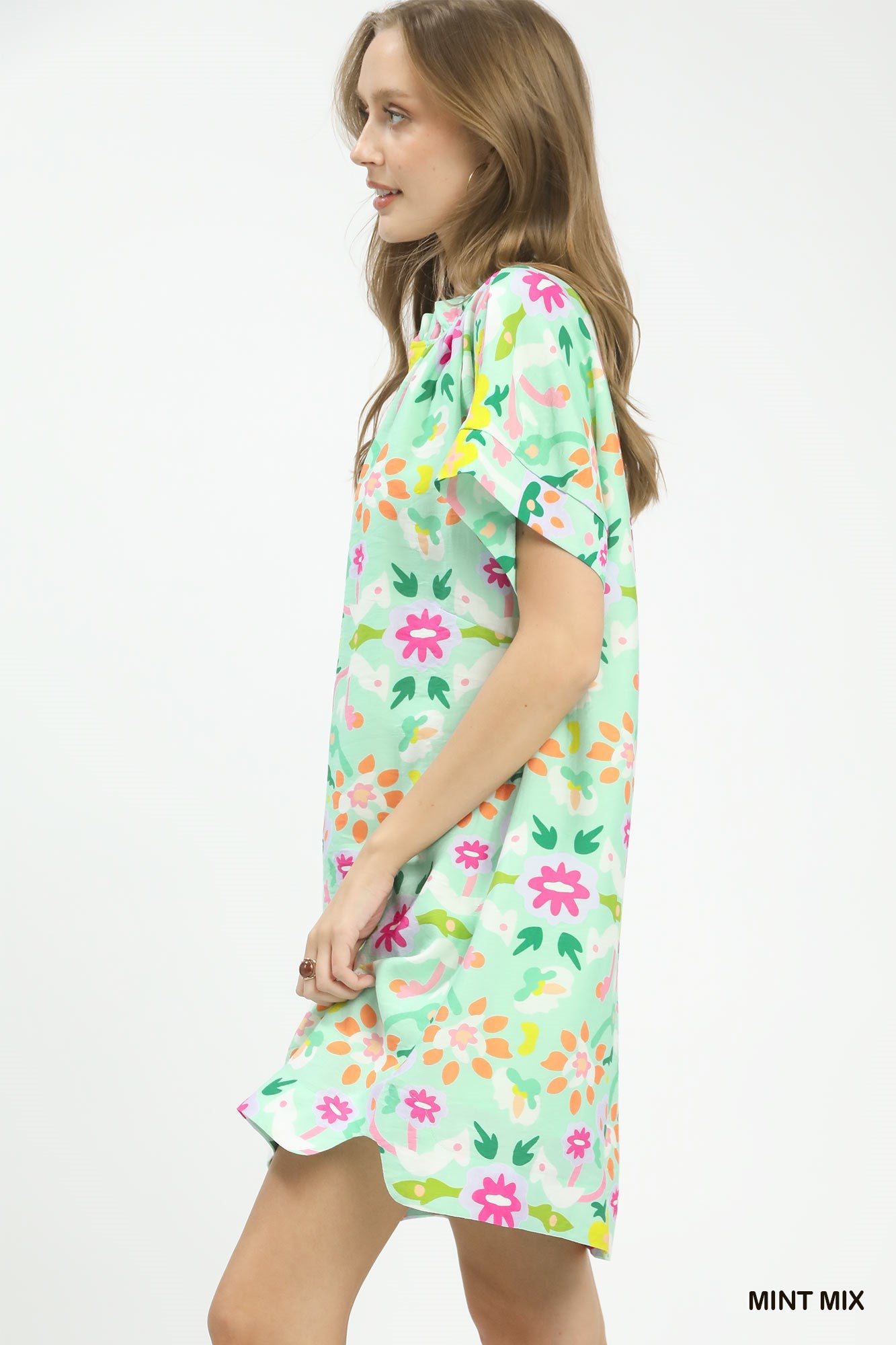 Umgee Floral Shift Mini Dress Casual V-Neck Mint Green with Pockets