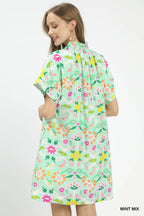 Umgee Floral Shift Mini Dress Casual V-Neck Mint Green with Pockets
