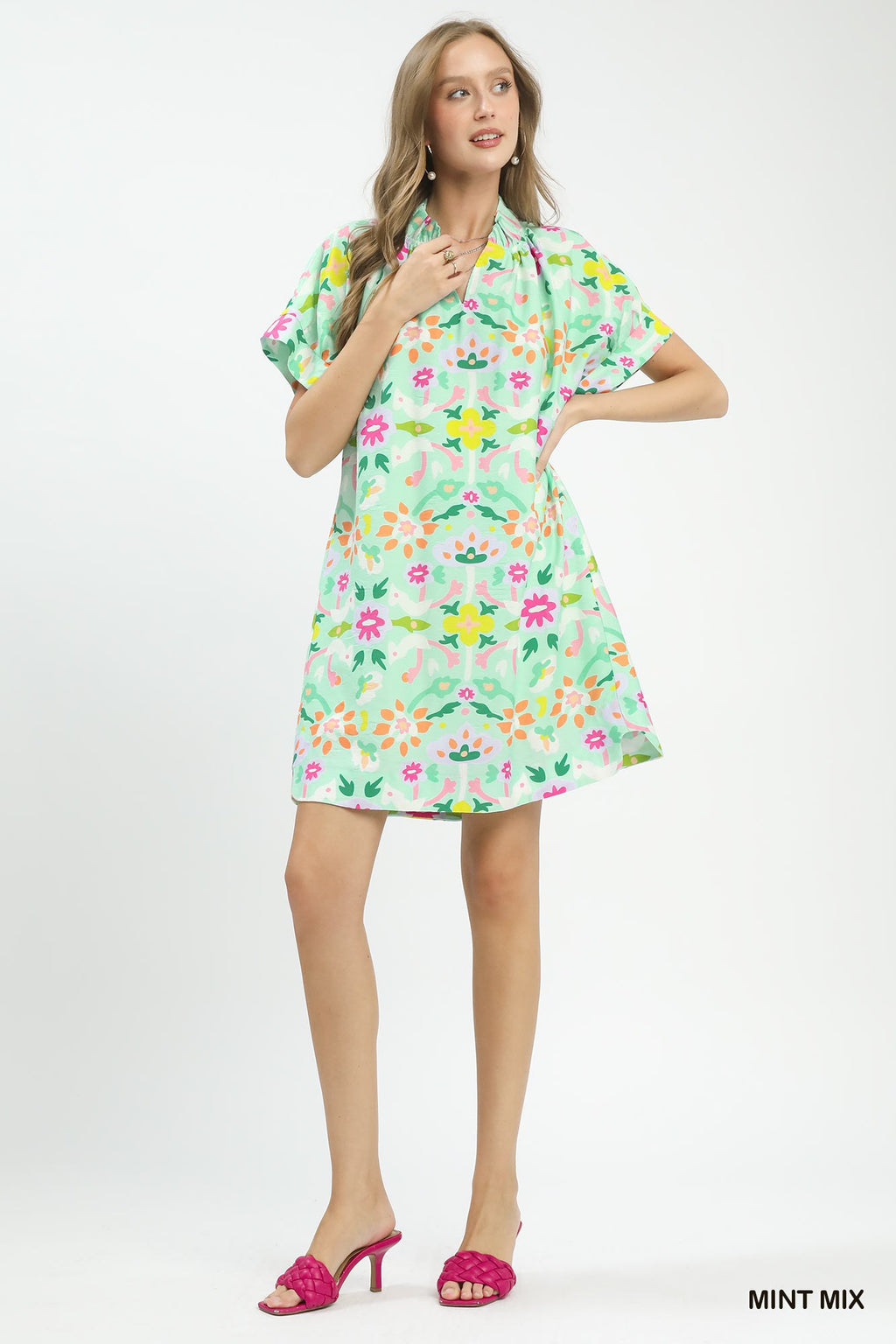 Umgee Floral Shift Mini Dress Casual V-Neck Mint Green with Pockets