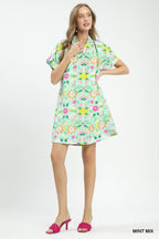 Umgee Floral Shift Mini Dress Casual V-Neck Mint Green with Pockets