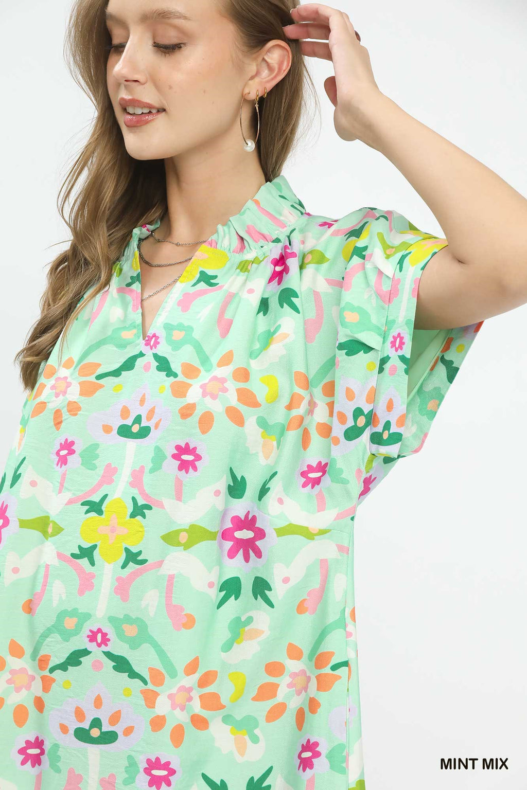 Umgee Floral Shift Mini Dress Casual V-Neck Mint Green with Pockets