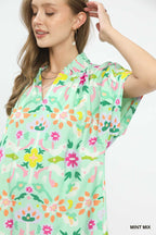 Umgee Floral Shift Mini Dress Casual V-Neck Mint Green with Pockets