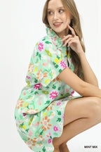 Umgee Floral Shift Mini Dress Casual V-Neck Mint Green with Pockets