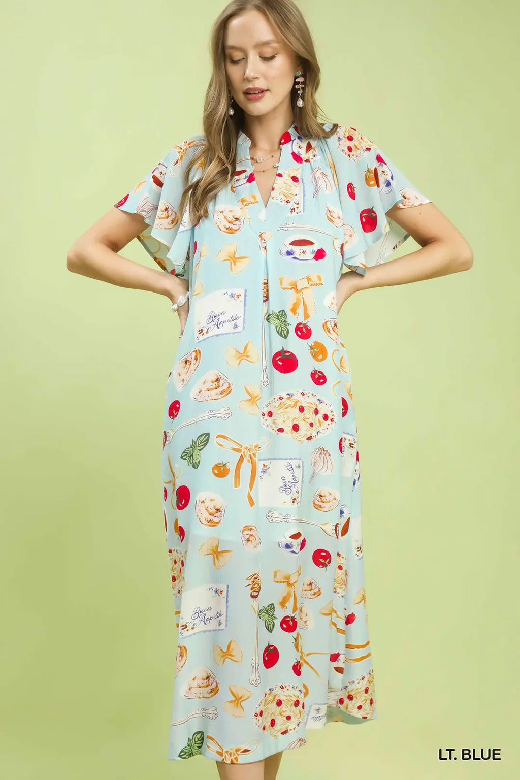 Umgee USA Midi Dress V-Neck Summer Colorful Print Ruffle Short Sleeve Pocketed