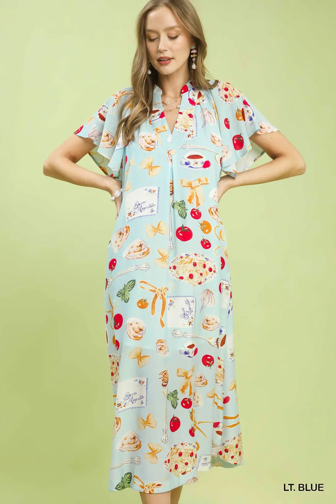 Umgee USA Midi Dress V-Neck Summer Colorful Print Ruffle Short Sleeve Pocketed