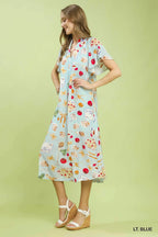 Umgee USA Midikleid V-Ausschnitt Sommer Bunt bedruckt Rüschen Kurze Ärmel Taschen