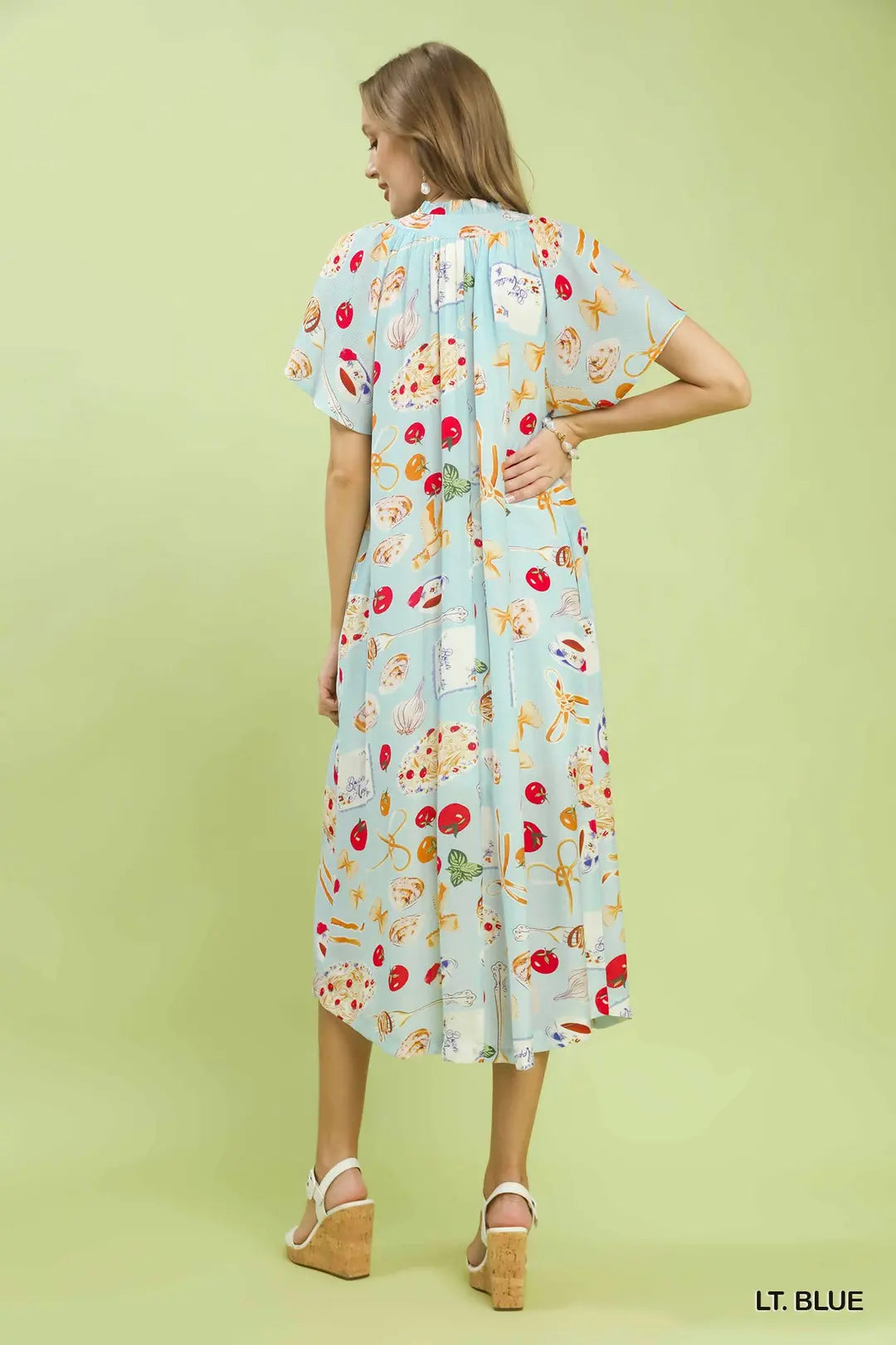 Umgee USA Midi Dress V-Neck Summer Colorful Print Ruffle Short Sleeve Pocketed