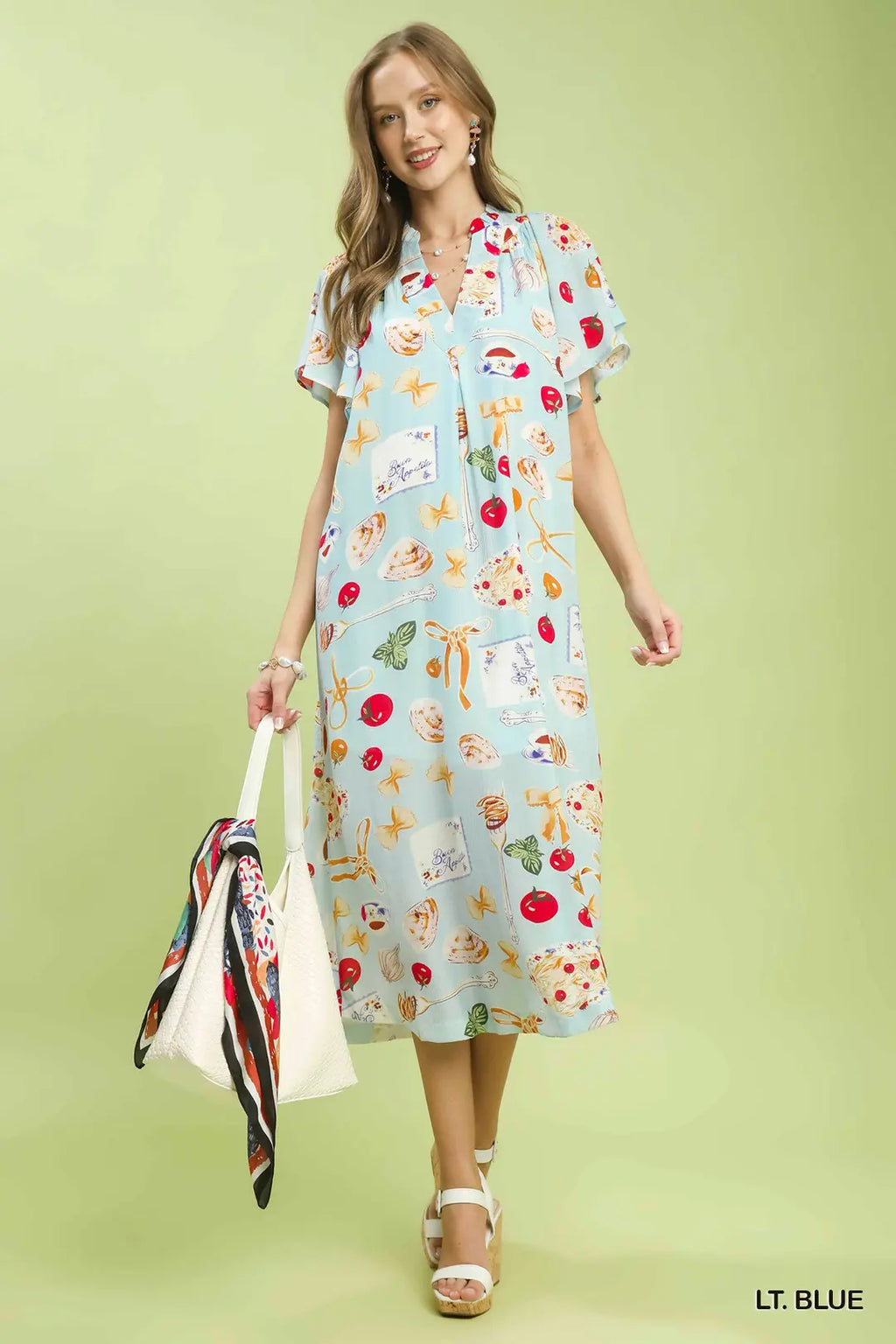 Umgee USA Midi Dress V-Neck Summer Colorful Print Ruffle Short Sleeve Pocketed