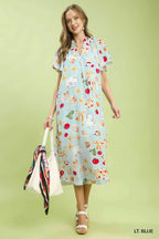 Umgee USA Midikleid V-Ausschnitt Sommer Bunt bedruckt Rüschen Kurze Ärmel Taschen