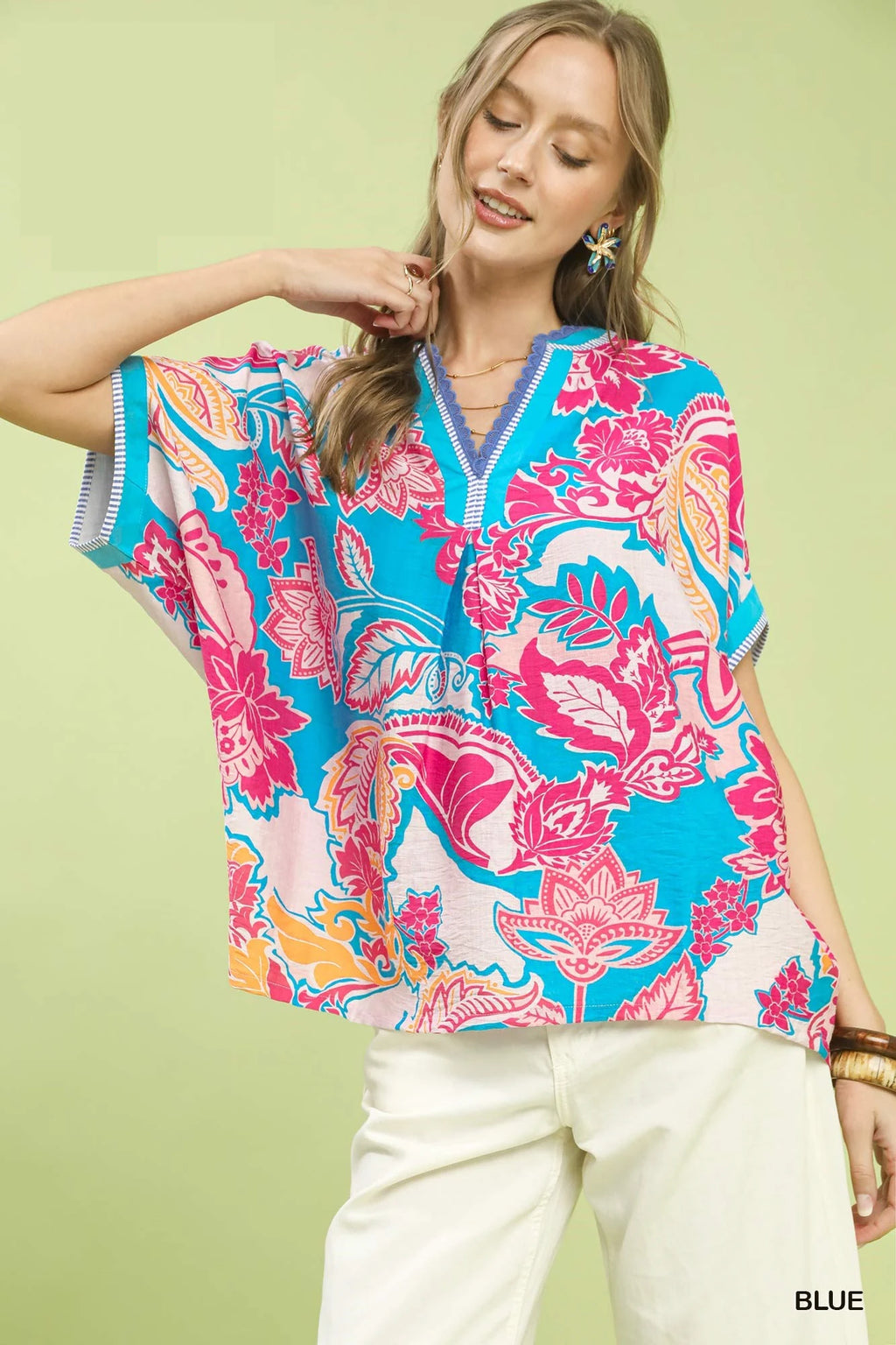 Umgee Blouse Blue Floral Abstract Print Oversized V-Neck Lace Casual Top