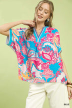 Umgee Bluse Blau Blumen Abstrakt Print Oversize V-Ausschnitt Spitze Lässiges Oberteil