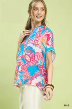 Umgee Bluse Blau Blumen Abstrakt Print Oversize V-Ausschnitt Spitze Lässiges Oberteil